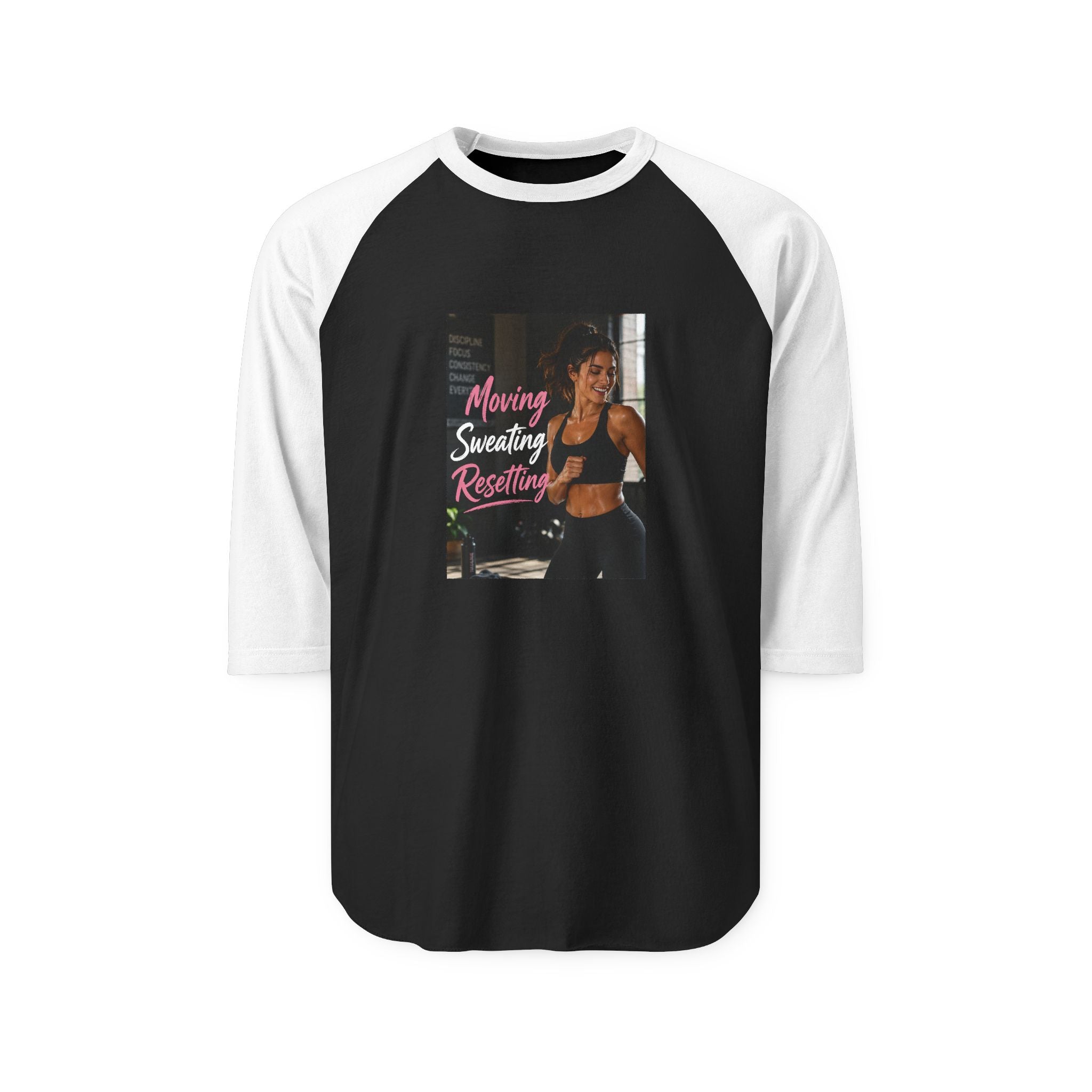 Raglan Shirt — "Moving, Sweating, Restoring" Fitness Baseball Tee